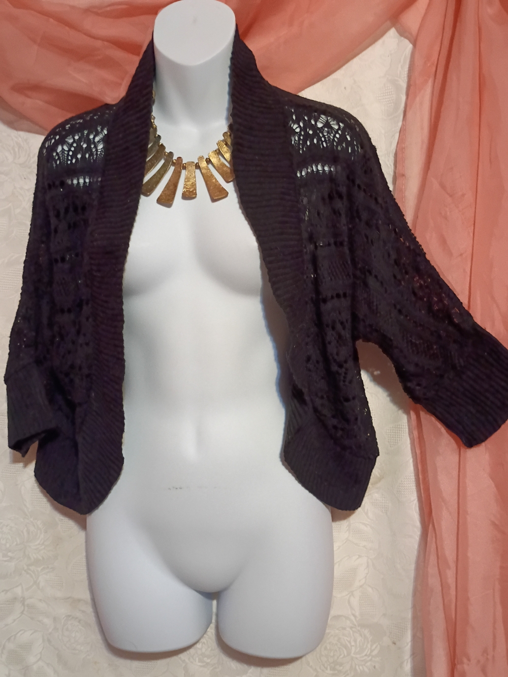 new directions Ladies Open Lace Short Cardigan in Black Sz Lg